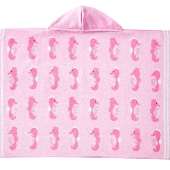 Pottery Barn Baby Beach Hooded Towel Pink Seahorse Icon UPF 50 Pool Vacation NWT - Picture 2 of 4
